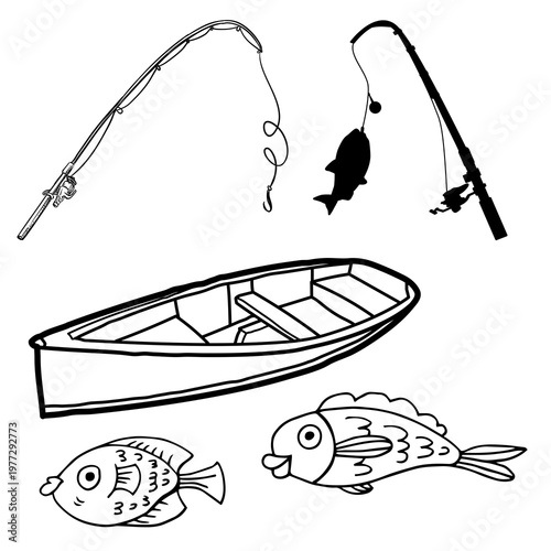Fishing Gear Elements with Rod, Boat, and Fish Line Art