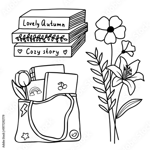 Cozy Autumn Lifestyle Elements with Books and Flowers