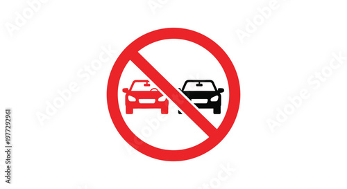 Vector graphic illustration depicting a no passing road traffic sign featuring two automobiles side by side