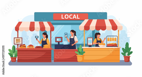 Local Food Market Stall with Vendors.