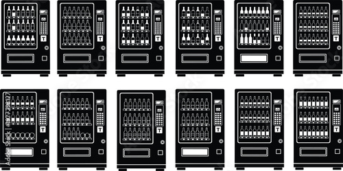 Large collection of black and white vector silhouettes featuring various beverage vending machines filled with rows of glass bottles for automated retail sales