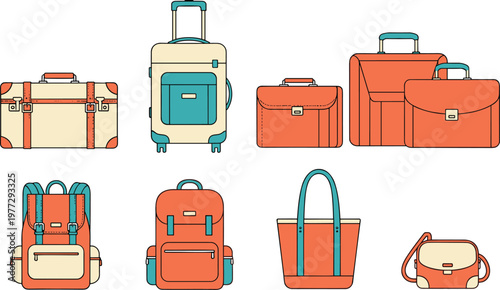 Travel Luggage Icon Set with Suitcases Backpack and Bags for Vacation Trip Journey and Tourism Accessories Design Collection