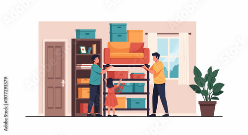 Man and Woman Organizing Boxes on Shelves.