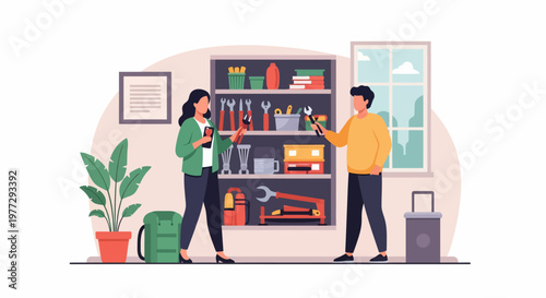 Man and Woman Organizing Storage Shelves Together.