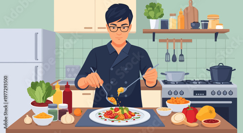 Man Cooking in Kitchen with Utensils.