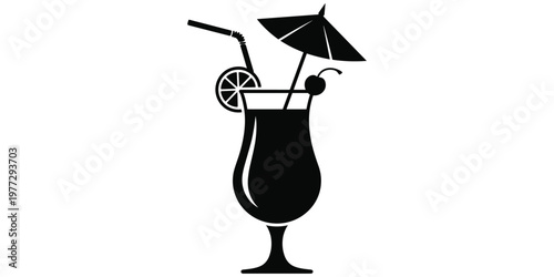 Tropical cocktail drink silhouette, summer vacation beverage vector, citrus fruit garnish umbrella straw illustration, refreshing exotic party glass design, flat vector illustration