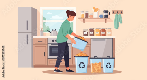 Man sorting recyclables in kitchen.