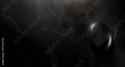 Textured Dark Oval Shape on Black Marble Surface with Scattered Glittery Particles
