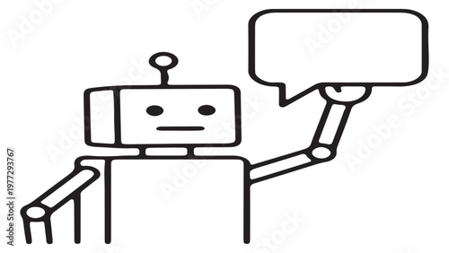 Cute line art robot character holding an empty speech bubble for text announcement.