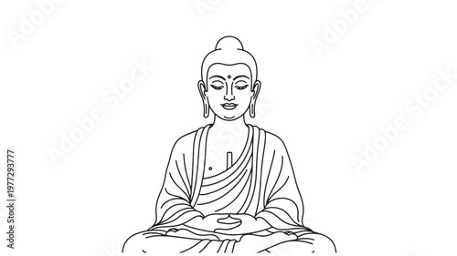 Buddha sitting in meditation, drawn with simple black outlines against a white background, conveying peace and serenity.
