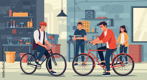 Men Repairing Bicycles in Workshop Together.