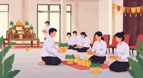 Monks Meditating in Serene Temple Setting.