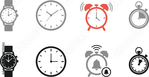 Clock and Alarm Icon Set with Analog Watch Timer Stopwatch and Time Management Symbols for Schedule Planning Design Collection