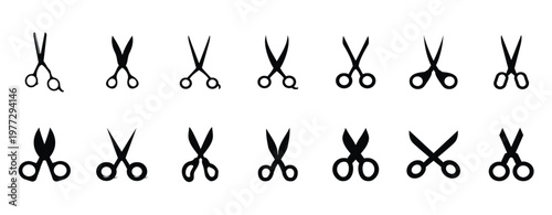 Set of black scissors silhouettes. Hairdressing tools, barber shears, and cutting instruments for salon design. Set of black scissors icons, vector illustrations