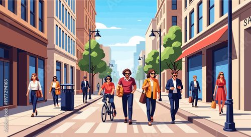 People Walking and Cycling on City Street.