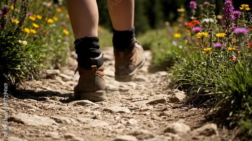 Hiker's boots on a rocky trail path with blooming wildflowers