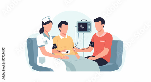 Nurse Checking Patient Blood Pressure in Hospital Room.