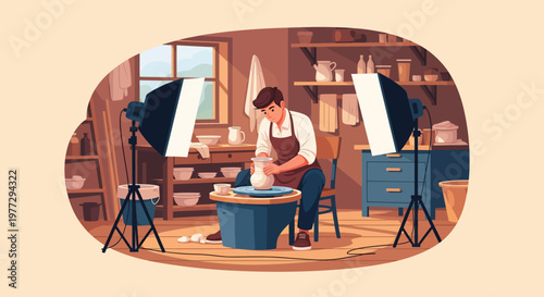 Potter Creating Ceramics in Studio Workshop.