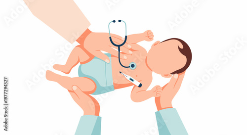 Pediatrician Examining Newborn Baby with Stethoscope and Thermometer.