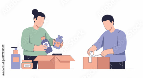 People packing and unpacking boxes with products.