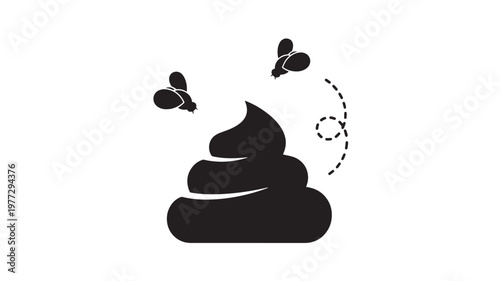 Poop icon with flies circling and dotted flight path, representing a humorous or unpleasant situation