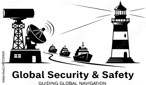 Maritime Security Radar Silhouette Suez Canal Navigation Safety Ship Convoy Vector