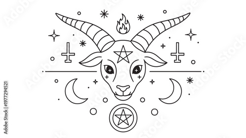 Baphomet head line art with pentagram, moon, and fire, iconic occult symbol for mystical and esoteric themes.
