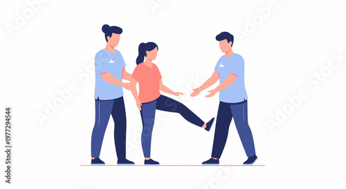 Physical therapy session with two male therapists assisting a female patient with leg exercises.