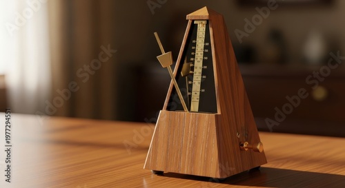 Wooden mechanical metronome sits on a polished desk to assist with musical rhythm and tempo.