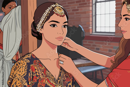 Two Women in Traditional Fashion Preparing for Event