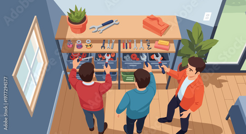 Three Children Standing Near Bookshelf in Room.