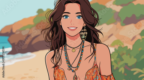 Young Woman in Boho Style on Beach