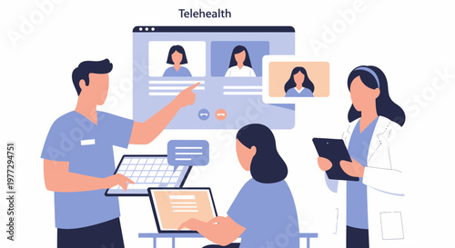 Telehealth consultation with medical professionals and patients online.