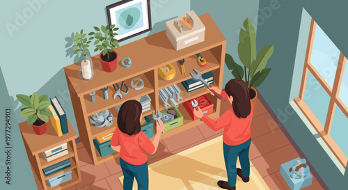 Two Women Organizing Bookshelves and Storage.