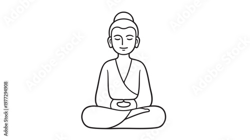 Buddha icon in simple line drawing style with closed eyes, serene expression, and folded hands in meditation pose on a white background.