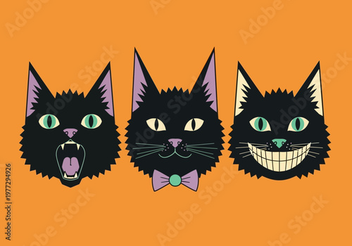 Retro Black Cat Illustration Set with Three Different Expressions on Orange Background - Whimsical Halloween Feline Characters