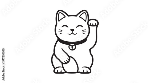 Maneki-neko cat icon with raised paw and bell collar, waving for good luck, simplified black and white illustration.