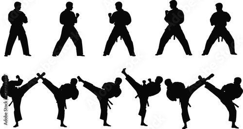 Set of karate silhouettes featuring martial arts athletes in various fighting poses including high kicks and defensive stances for sports club and competition graphics