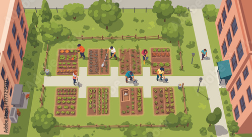 Urban Community Garden Scene with People Working.
