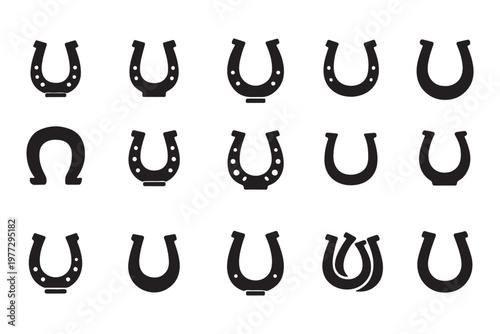 Horseshoe Icon Set – Lucky Symbol, Fortune Charm, Line and Solid Style Collection