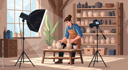 Woman Creating Pottery in Studio Setting.