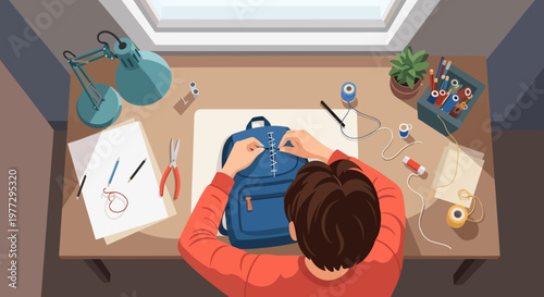 Woman Drawing on Paper at Desk.