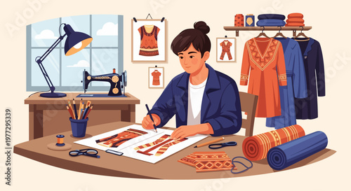 Woman Designing Clothes at Desk with Garments.