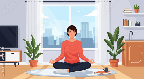 Woman Meditating in Lotus Position at Home.