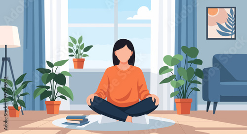 Woman Meditating in Lotus Position at Home.