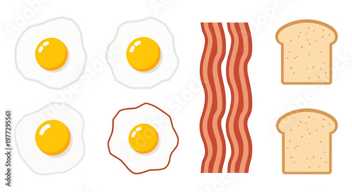 Breakfast food items - fried eggs, bacon strips, and bread slices.