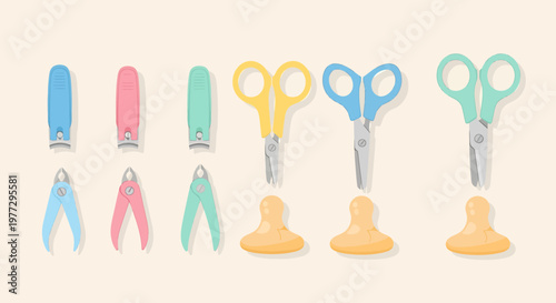 Collection of baby nail clippers and scissors in various colors for grooming.