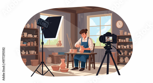 Woman Potting Plants in Studio Setting.