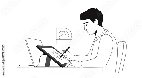 Man working on digital tablet at desk using pen for creative design work