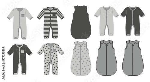 Collection of baby sleepwear and sleep sacks in various designs and colors.